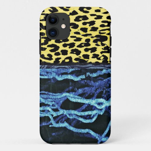 Modern blue floral with vintage leopard print iPhone 11 case