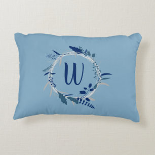 Modern Blue Floral Wreath Custom Monogram Accent Pillow
