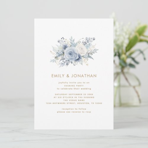 Modern Blue Florals Gold QR Wedding Evening Party Invitation