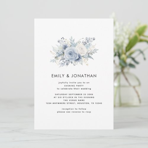 Modern Blue Florals QR Code Wedding Evening Party Invitation