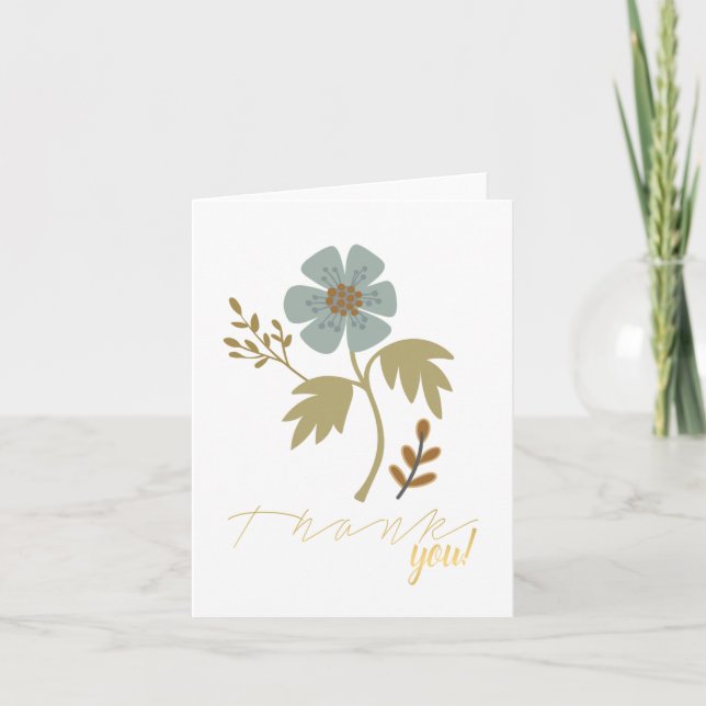 Modern Blue Flower Leaves Thank You Card (Front)