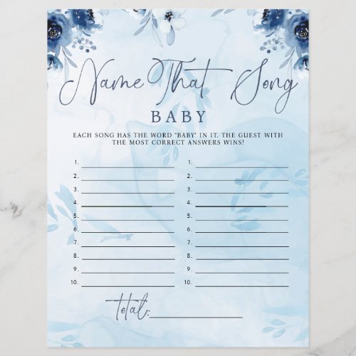 Modern Blue Flower Name That Song Baby Shower Game