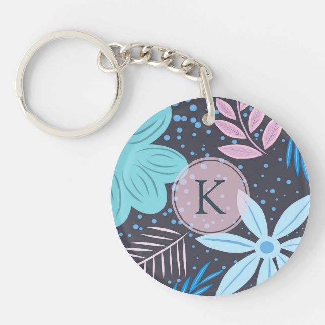 Modern Blue Flower Pattern Pink Monogram Keychain (Front)