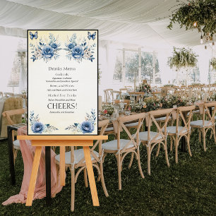Modern Blue Flowers and Butterflies Drinks Menu Foam Board