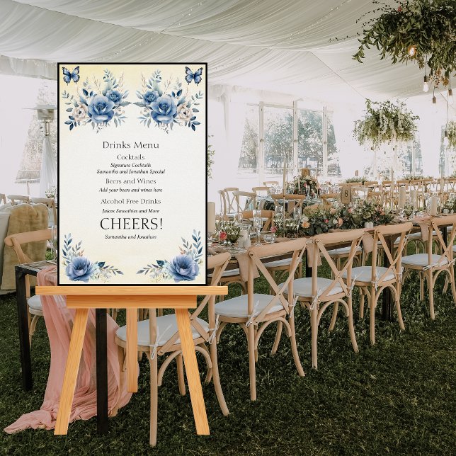 Modern Blue Flowers and Butterflies Drinks Menu Foam Board (Creator Uploaded)