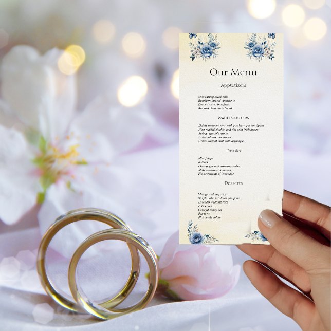 Modern Blue Flowers and Butterflies Wedding Dinner Menu (Creator Uploaded)
