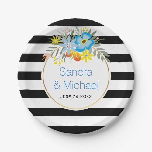 Modern blue flowers and stripes floral wedding paper plates