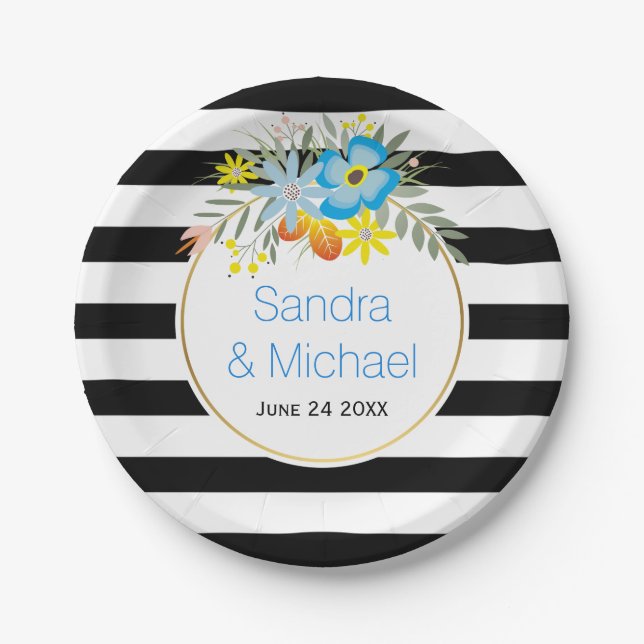 Modern blue flowers and stripes floral wedding paper plates (Front)