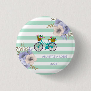 Modern Blue Flowers Bicycles Button
