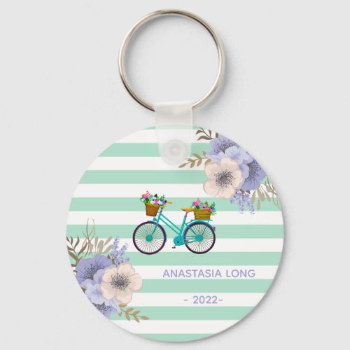 Modern Blue Flowers Bicycles Keychain