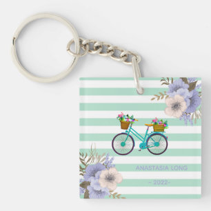 Modern Blue Flowers Bicycles Keychain