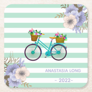 Modern Blue Flowers Bicycles Square Paper Coaster