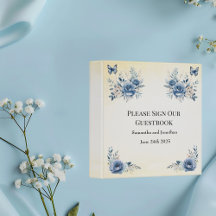 Modern Blue Flowers Butterflies Wedding Guest Book