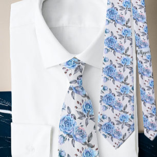Modern Blue Flowers Elegant Roses Watercolor Neck Tie