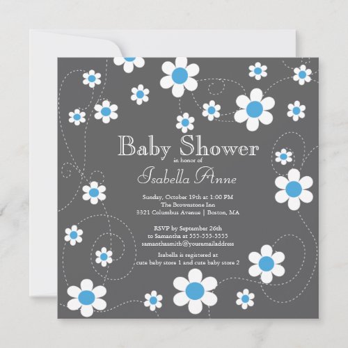 Modern Blue Flowers Floral Boys Baby Shower Custom Invitations