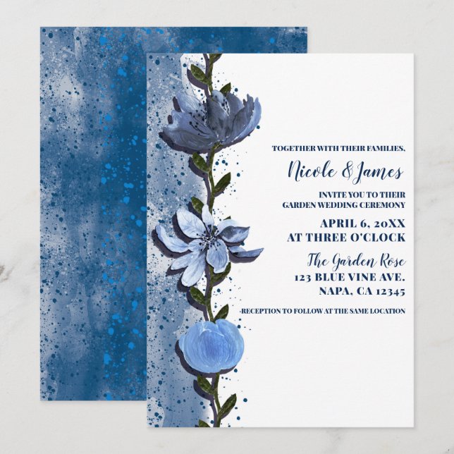 Modern Blue Flowers Floral Watercolor Wedding Invitation (Front/Back)