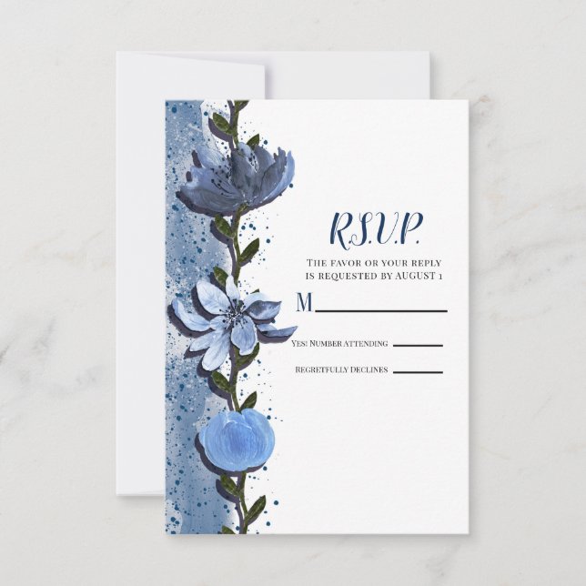 Modern Blue Flowers Floral Watercolor Wedding RSVP Card (Front)