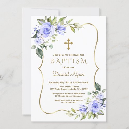 Modern Blue Flowers Gold Cross Frame Boy Baptism Invitation