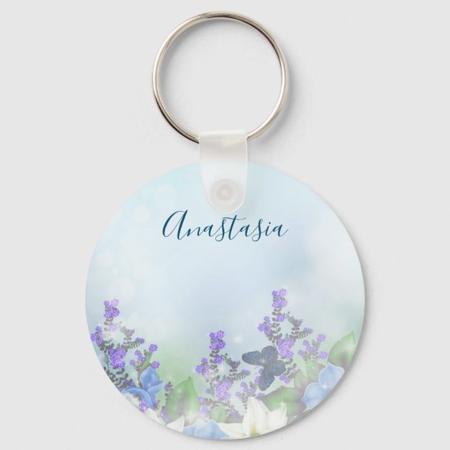 Modern Blue Flowers Keychain (Front)
