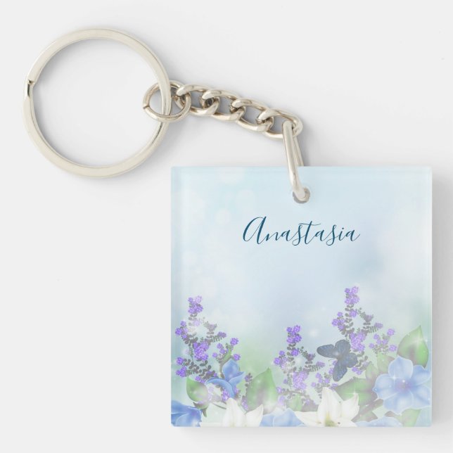 Modern Blue Flowers Keychain (Front)