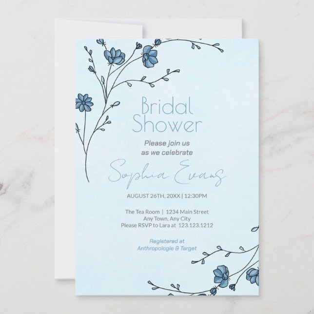 Modern Blue Flowers Light Blue Bridal Shower Invitation (Front)