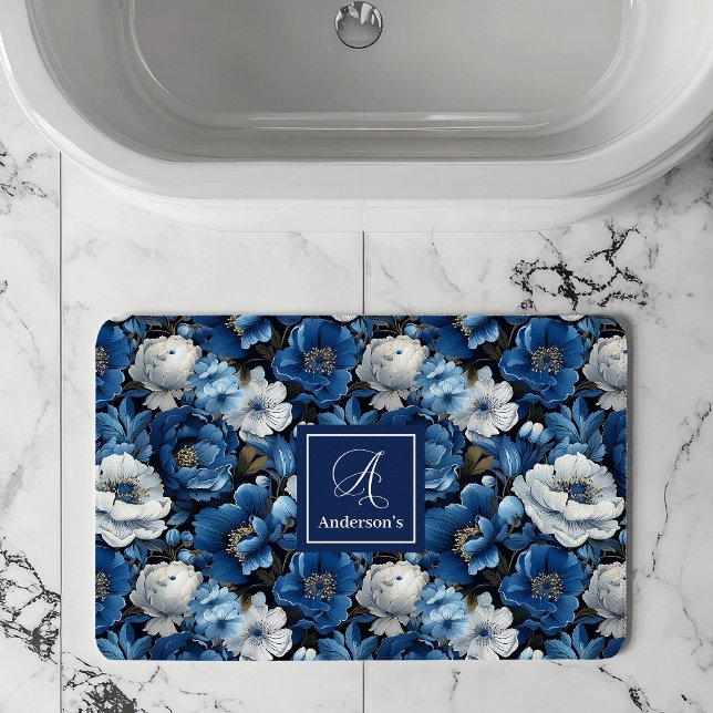 Modern Blue Flowers Personalized Floral Bath Mat (Modern Blue Flowers Personalized Floral Bath Mat)