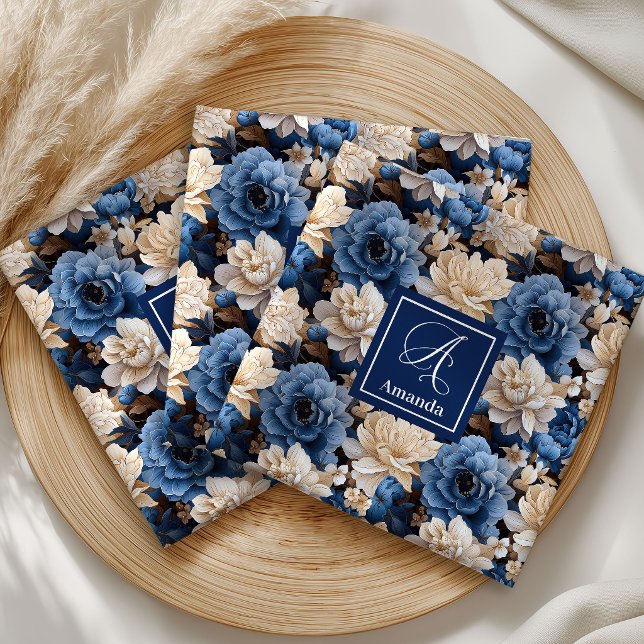 Modern Blue Flowers Personalized Floral Cloth  Napkin (Modern Blue Flowers Personalized Floral Cloth Napkins)