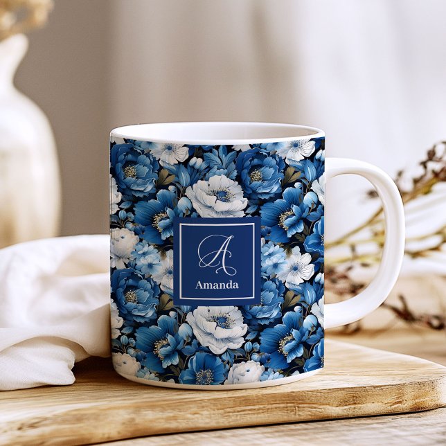 Modern Blue Flowers Personalized Floral Coffee Mug (Modern Blue Flowers Personalized Floral Coffee Mug)