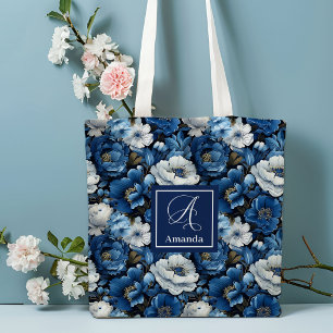 Modern Blue Flowers Personalized Floral Tote Bag
