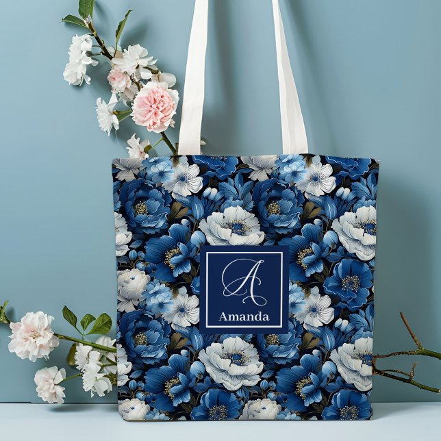 Modern Blue Flowers Personalized Floral Tote Bag (Modern Blue Flowers Personalized Floral Tote Bag)