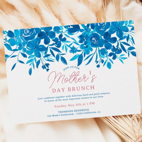 Modern blue flowers script mothers day brunch invitation