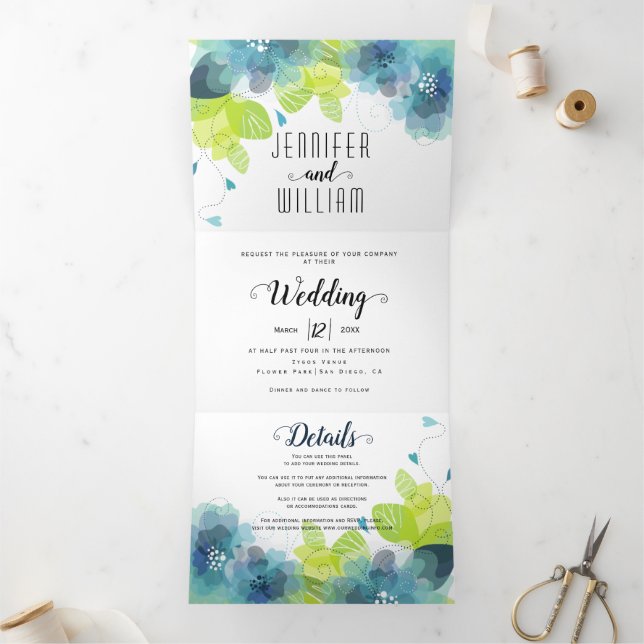Modern blue flowers, typography floral wedding Tri-Fold invitation (Inside)