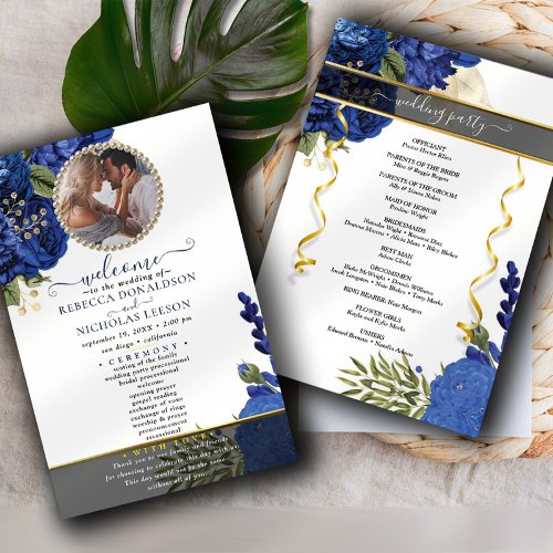 Modern Blue Flowery Custom Photo Wedding Program