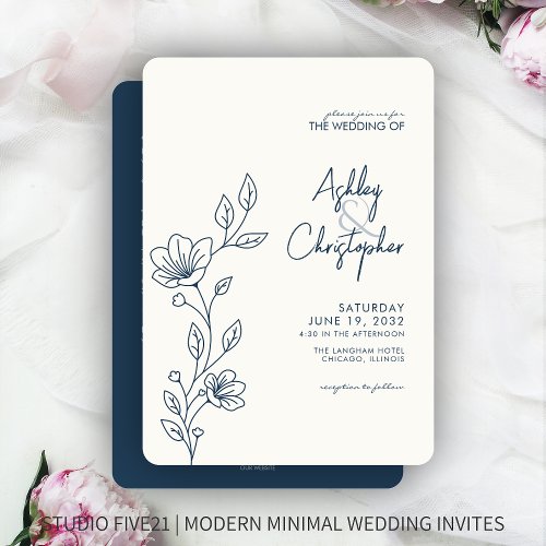 Modern Blue Foliage Outline All_in_One Wedding Invitation