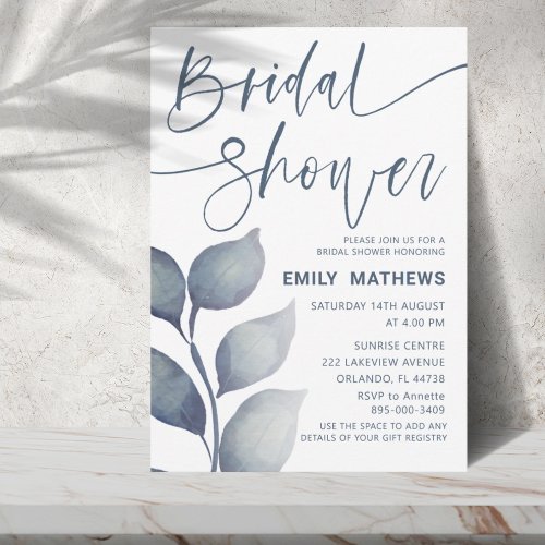 Modern Blue Foliage Watercolor Bridal Shower  Invitation