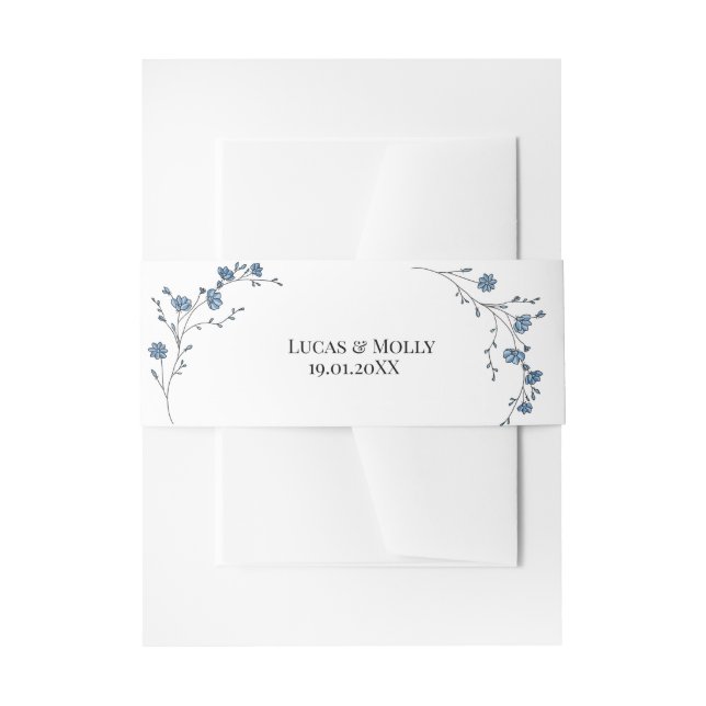Modern Blue French Floral Wedding Invitation Belly Band (Front Example)