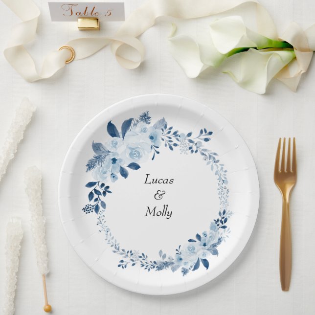 Modern Blue French Floral Wedding Paper Plates (Wedding)
