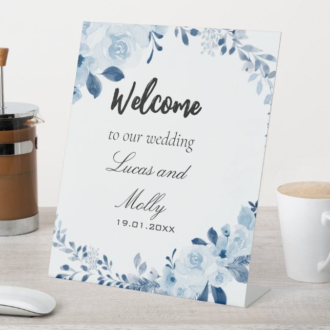 Modern Blue French Floral Wedding Pedestal Sign (In SItu)