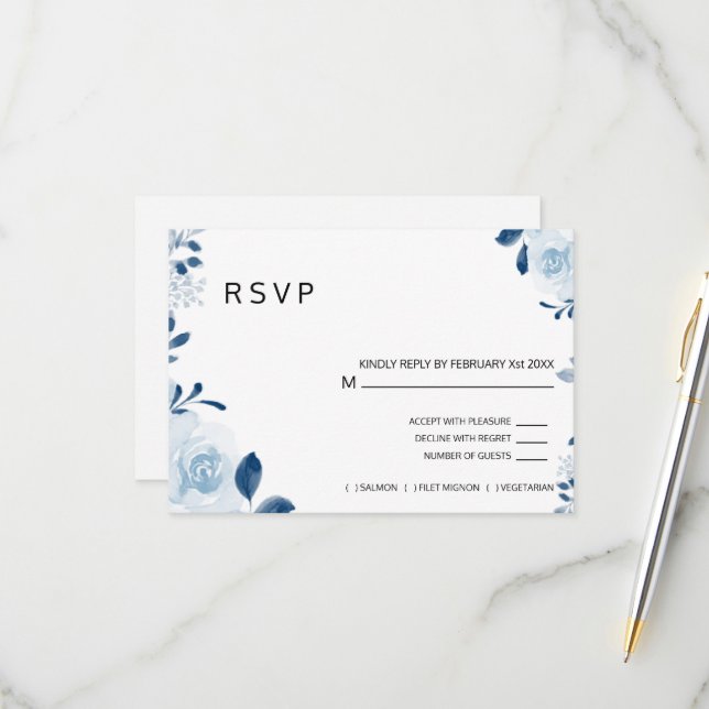 Modern Blue French Floral Wedding RSVP Card (Front/Back In Situ)