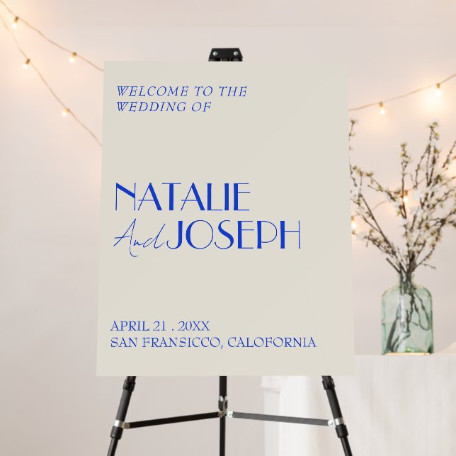 Modern Blue French Whimsical Retro Wedding Welcome Foam Board (In Situ (Stand))