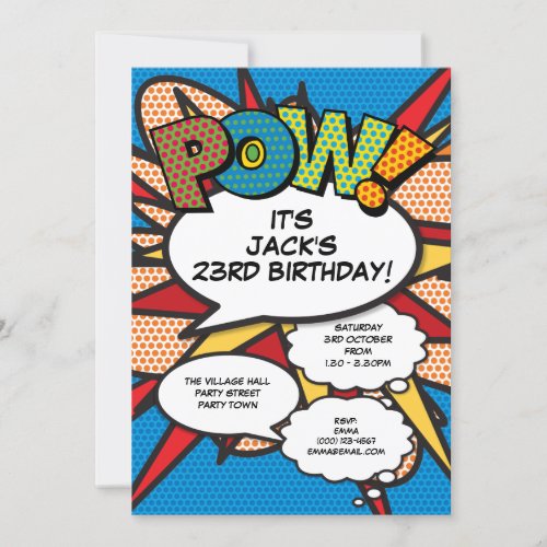 Modern Blue Fun Birthday Party Comic Book Any Age Invitation