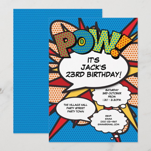 Modern Blue Fun Birthday Party Comic Book Any Age Invitation (Front/Back)
