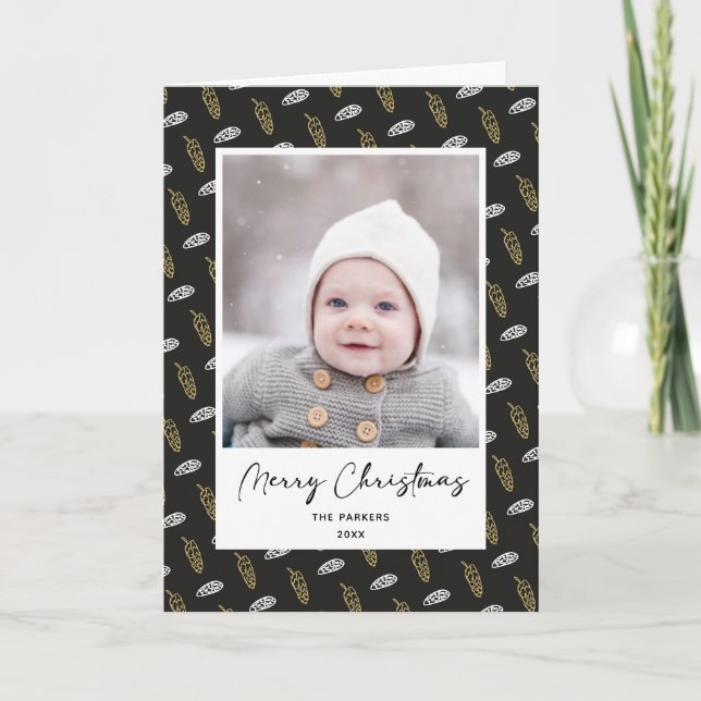 Modern Blue Fun Script Gold Pine Cone Christmas Holiday Card (Front)