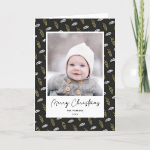 Modern Blue Fun Script Gold Pine Cone Christmas Holiday Card