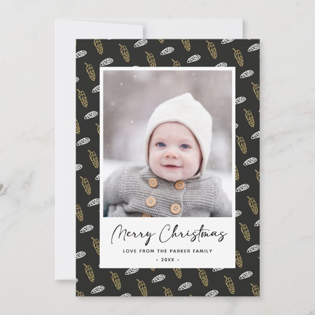 Modern Blue Fun Script Gold Pine Cone Christmas Holiday Card (Front)