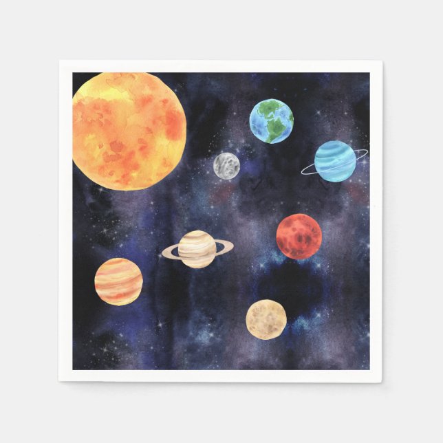 Modern Blue Galaxy Planets and Stars Space Napkins (Front)