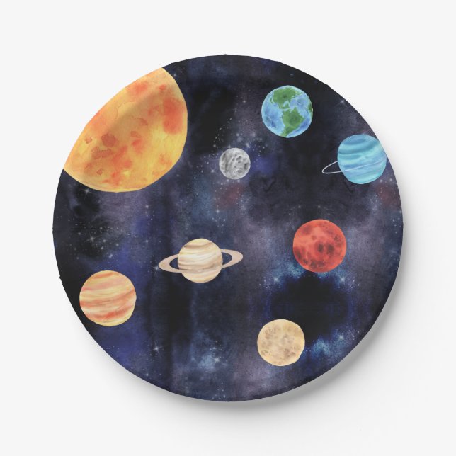 Modern Blue Galaxy Planets Space Paper Plates (Front)
