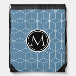 Modern Blue Geometric and Monogrammed Pattern Drawstring Bag