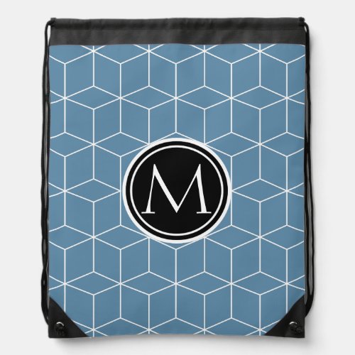 Modern Blue Geometric and Monogrammed Pattern Drawstring Bag