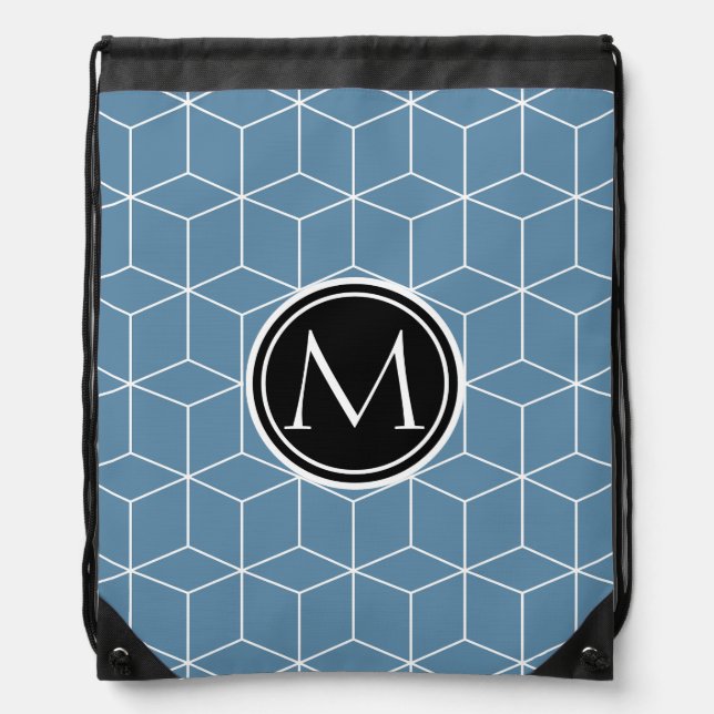 Modern Blue Geometric and Monogrammed Pattern Drawstring Bag (Front)